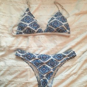 cheeky triangle blue and white patterned bikini